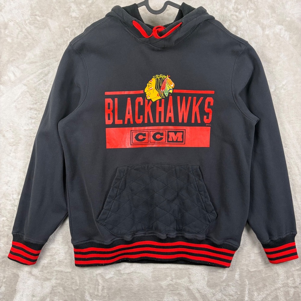 CCM Chicago Blackhawks Hoodie Mens XL Black Red Striped Pullover F4593 Hokey